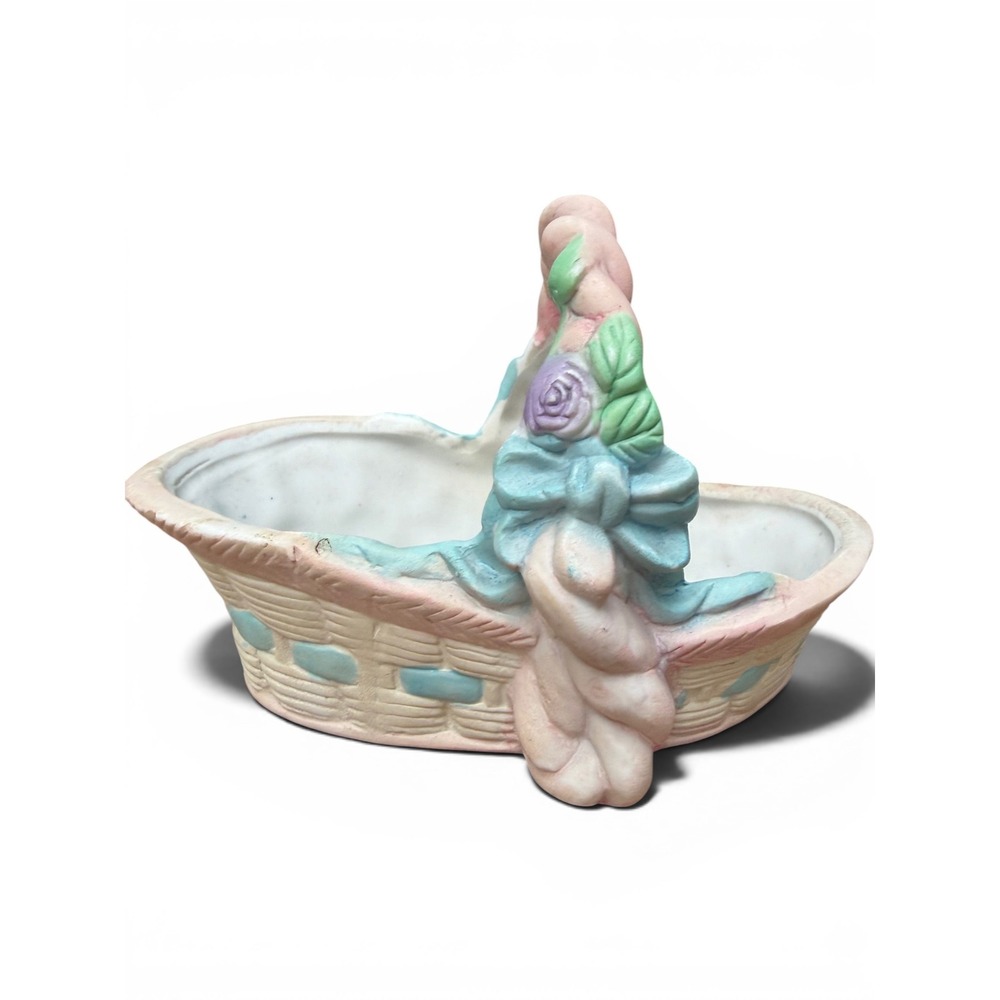 Basket Planter Ceramic Pastel Floral Rose Bow Cottagecore Decor Vintage Trinket - Picture 6 of 7